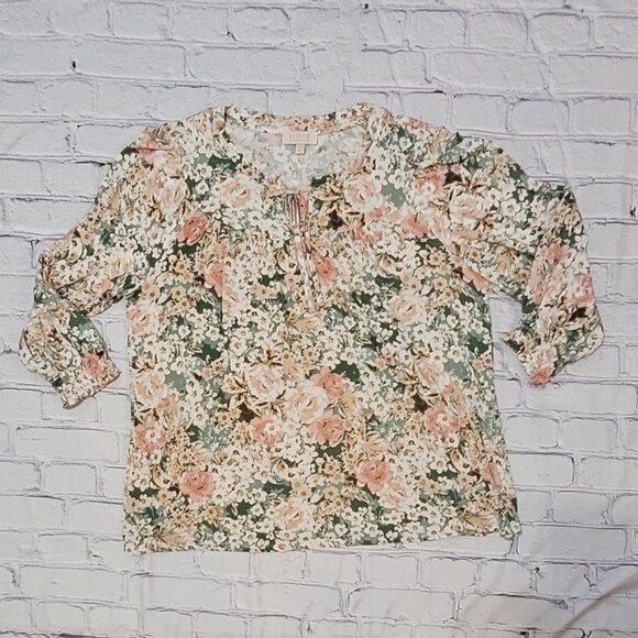 Chenault Tops - Stich by Chenault Large Green, Pink, and White Floral print blouse.